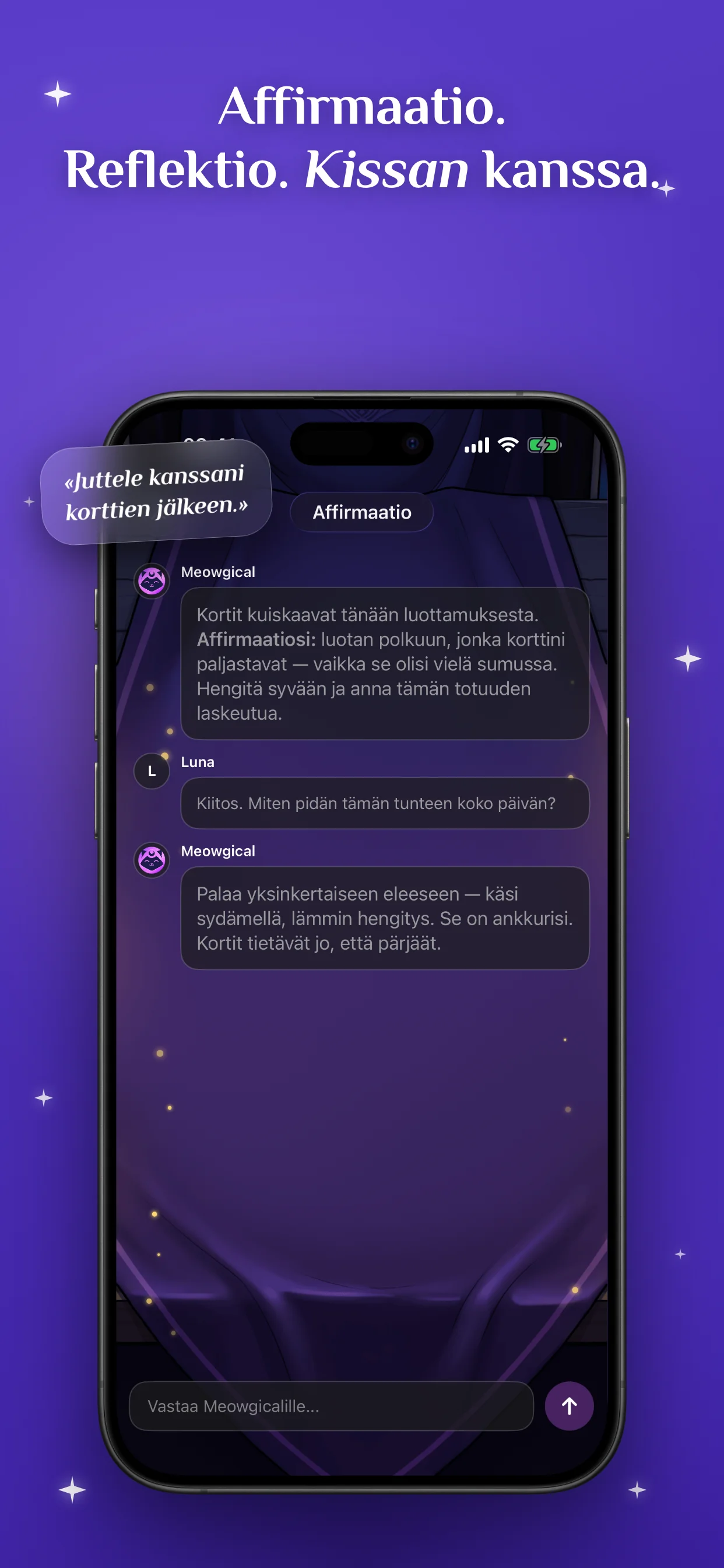 Affirmaatio. Reflektio. Kissan kanssa.